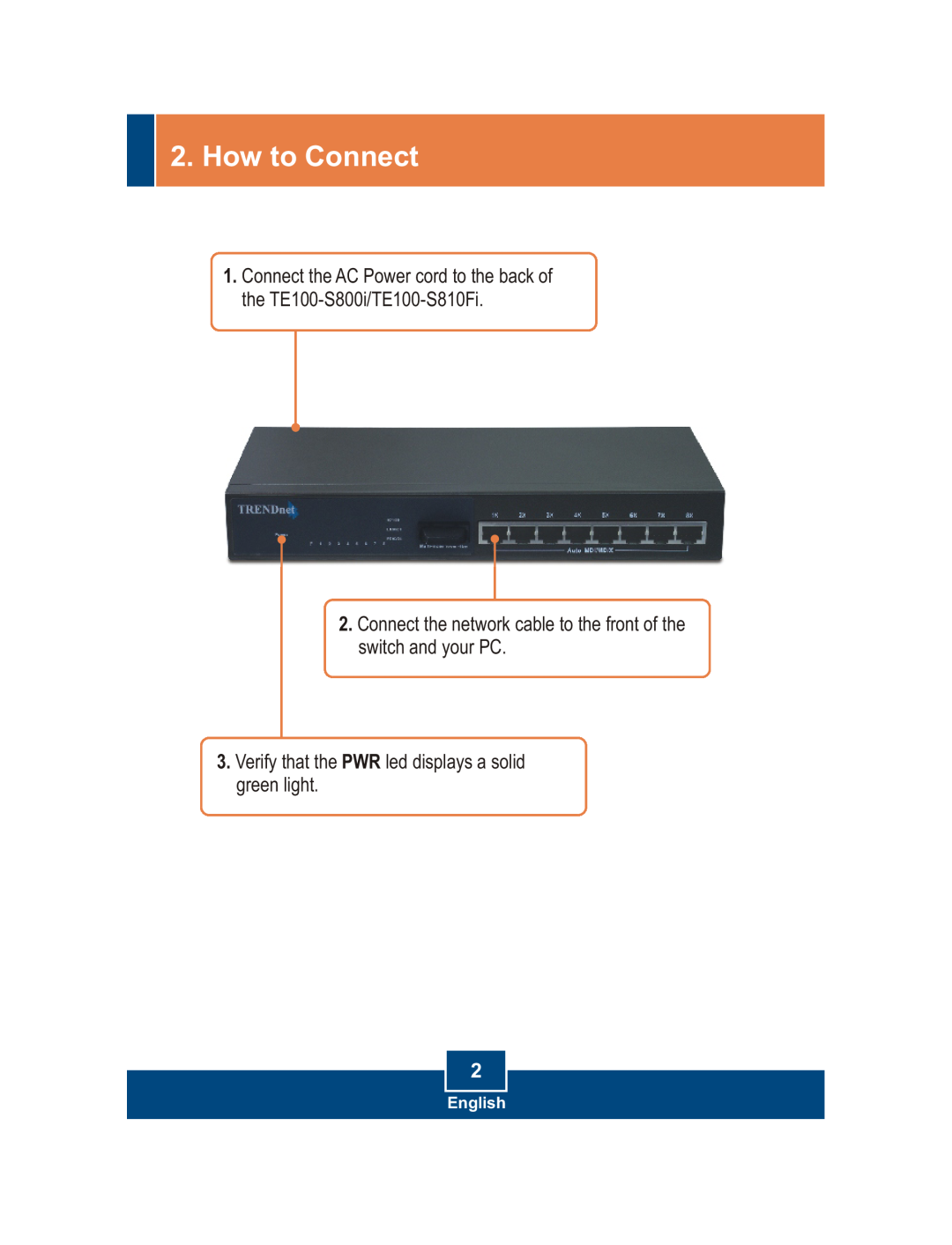 TRENDnet S800i manual How to Connect, Connect the network cable to the front of the switch and your PC, English 