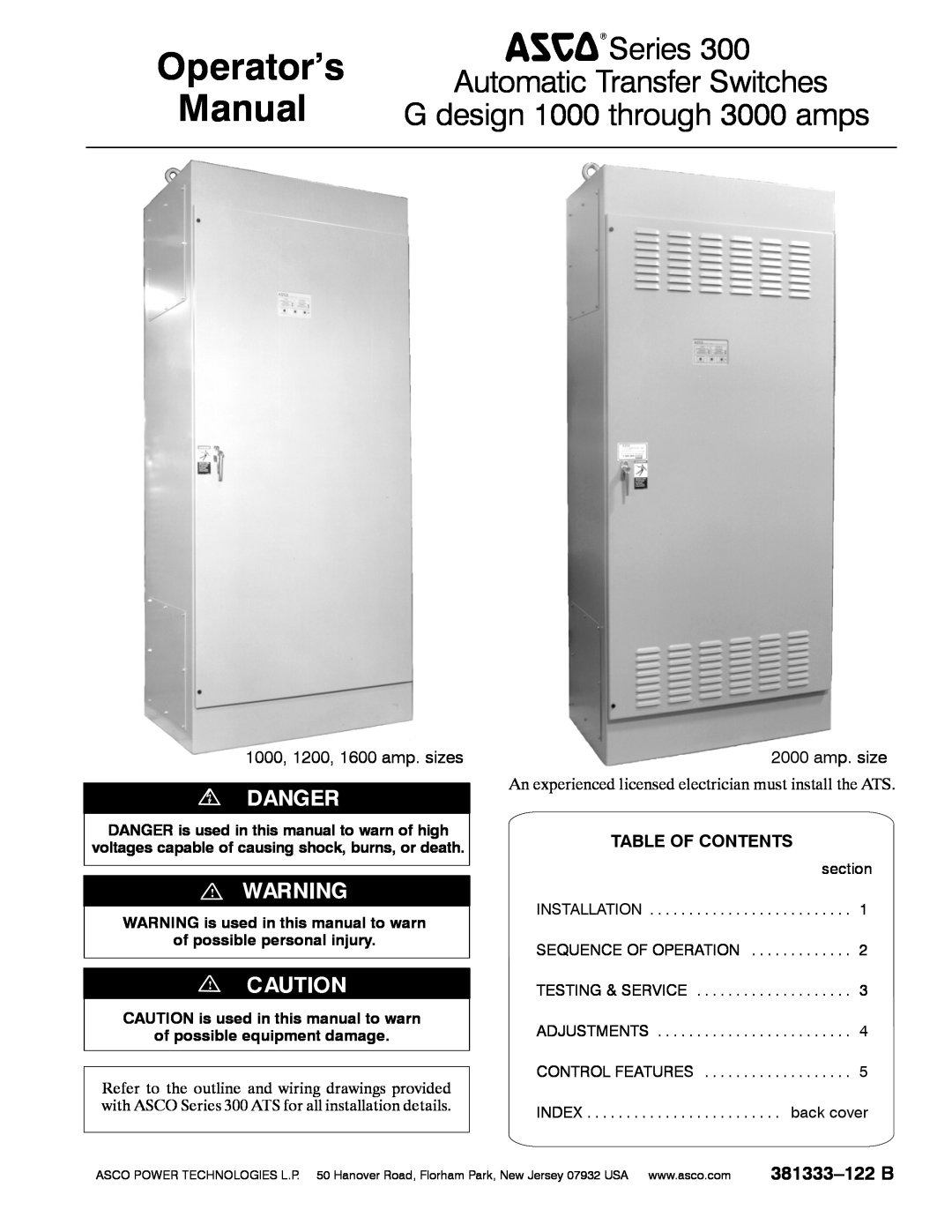 TRENDnet Series 300 manual 1000, 1200, 1600 amp. sizes, 2000 amp. size, Table Of Contents, 381333-122 B, Operator’s Manual 