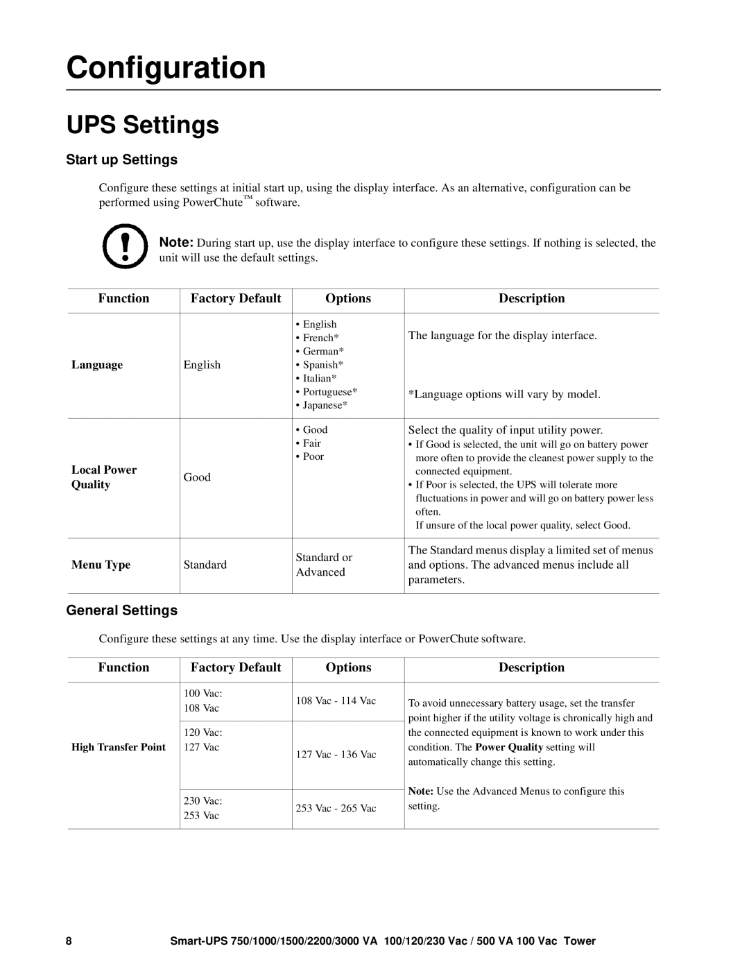 TRENDnet SMT1000 operation manual Configuration, UPS Settings, Start up Settings, General Settings 