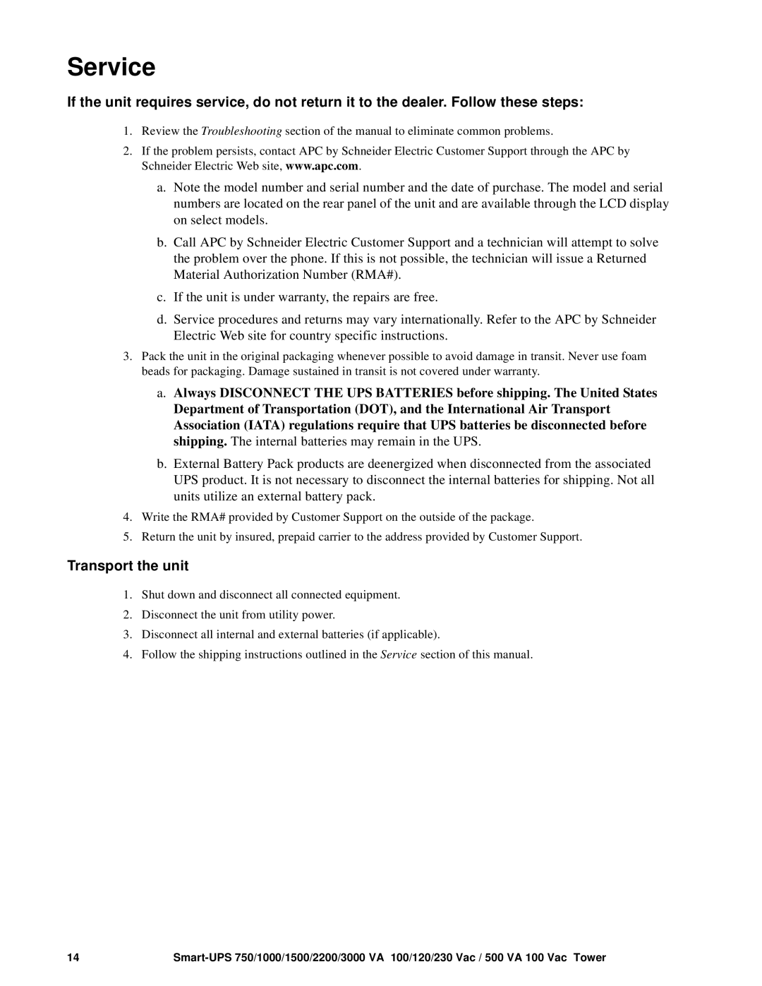 TRENDnet SMT1000 operation manual Service, Transport the unit 