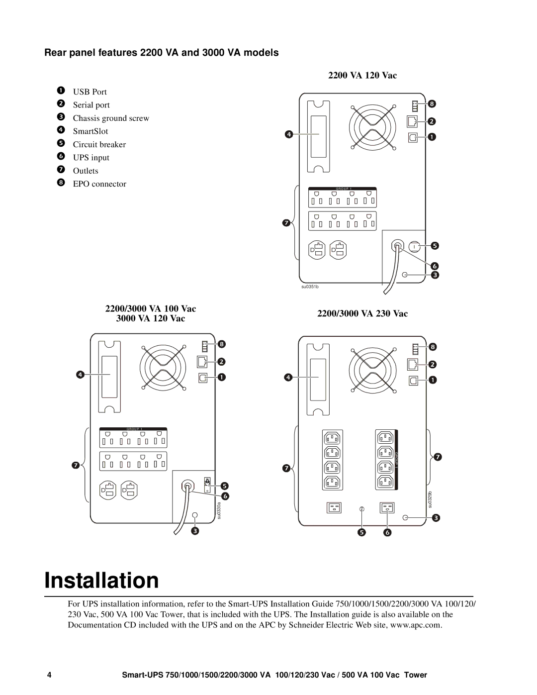 TRENDnet SMT1000 operation manual Installation, Rear panel features 2200 VA and 3000 VA models, 2200 VA 120 Vac 