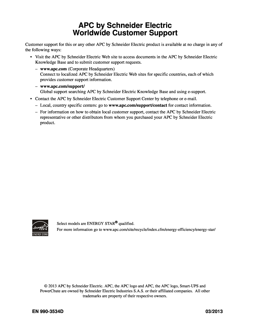 TRENDnet SMT1000 operation manual APC by Schneider Electric Worldwide Customer Support, EN 990-3534D, 03/2013 