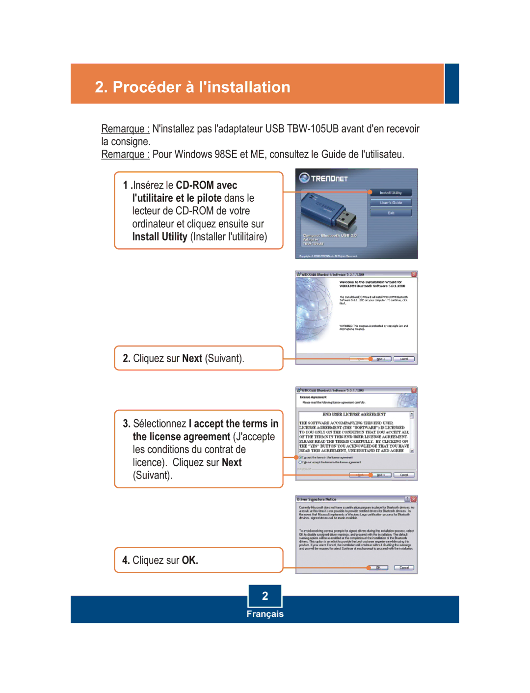 TRENDnet TBW-105UB manual Procéder à linstallation 