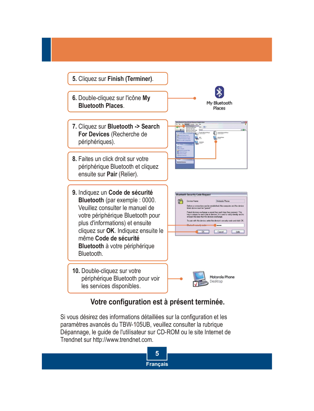 TRENDnet TBW-105UB manual Votre configuration est à présent terminée 