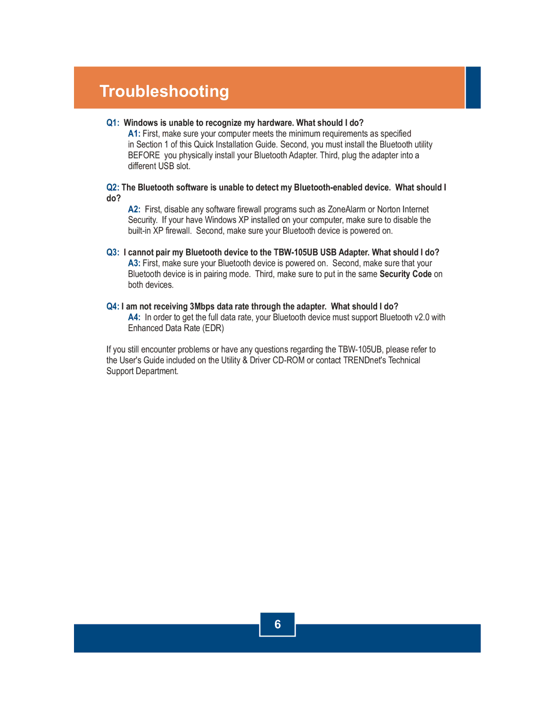 TRENDnet TBW-105UB manual Troubleshooting 