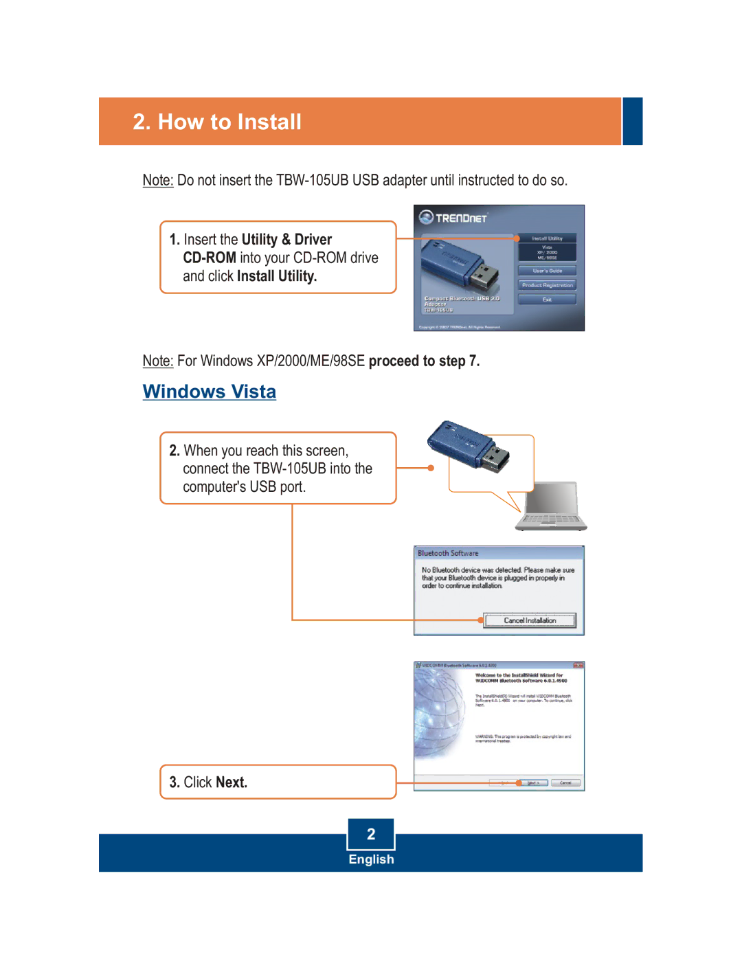 TRENDnet TBW-105UB manual How to Install, Windows Vista 