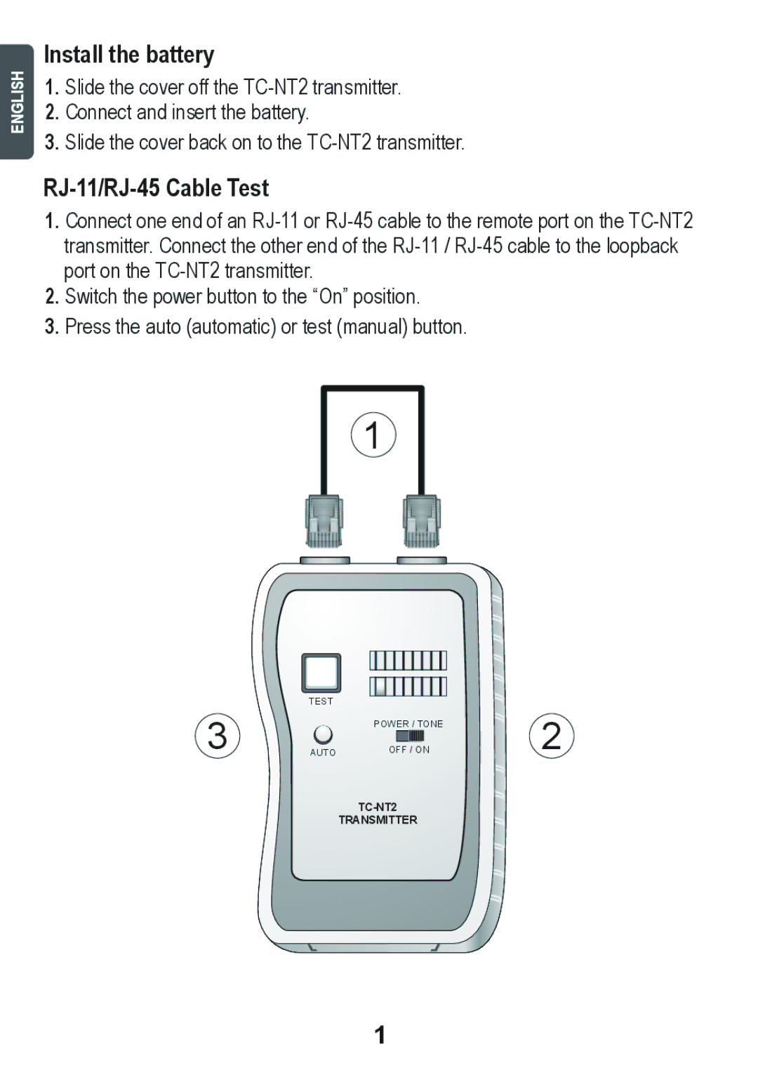 TRENDnet TC-NT2, TRENDnet Network Cable Tester manual Install the battery, RJ-11/RJ-45 Cable Test 