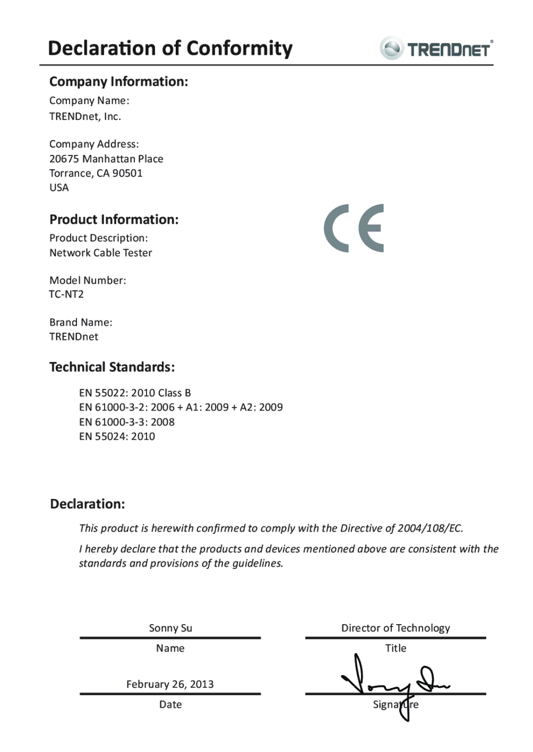 TRENDnet TRENDnet Network Cable Tester, TC-NT2 manual Company Information 