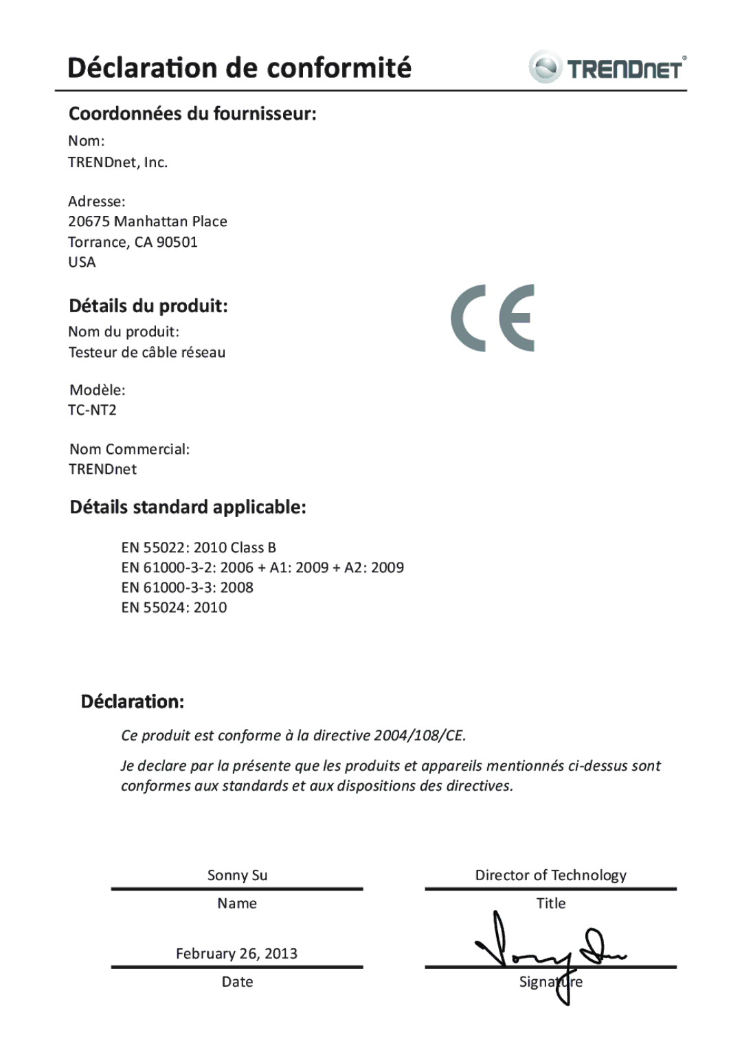 TRENDnet TC-NT2, TRENDnet Network Cable Tester manual Coordonnées du fournisseur 