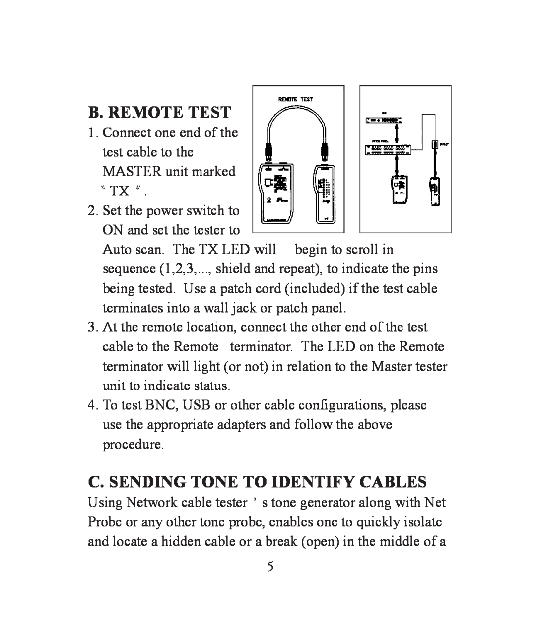 TRENDnet TC-NT2 instruction manual B. Remote Test, C. Sending Tone To Identify Cables 