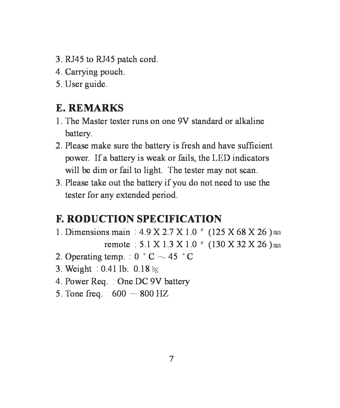 TRENDnet TC-NT2 instruction manual E. Remarks, F. Roduction Specification 