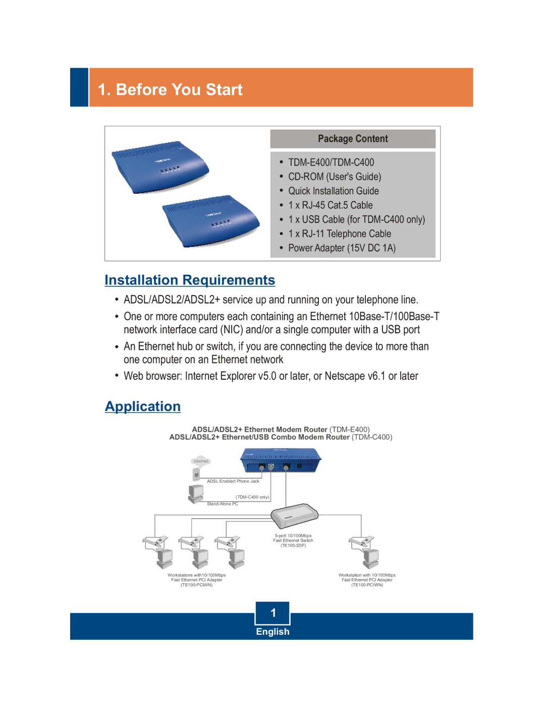 TRENDnet TDM-E400 manual Before You Start, Package Content 