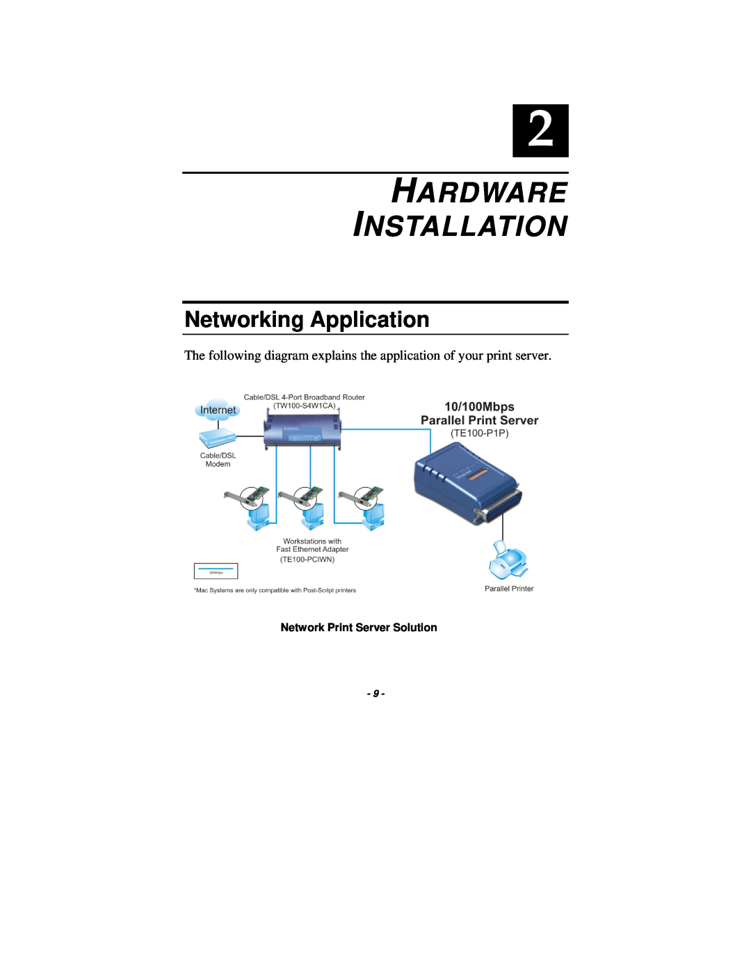 TRENDnet TE100-P1P manual Hardware Installation, Networking Application, Network Print Server Solution 