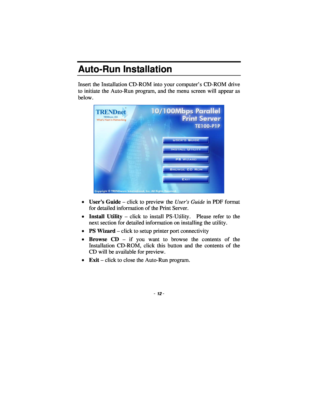 TRENDnet TE100-P1P manual Auto-Run Installation 