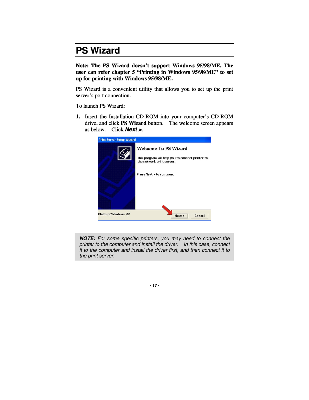TRENDnet TE100-P1P manual PS Wizard 