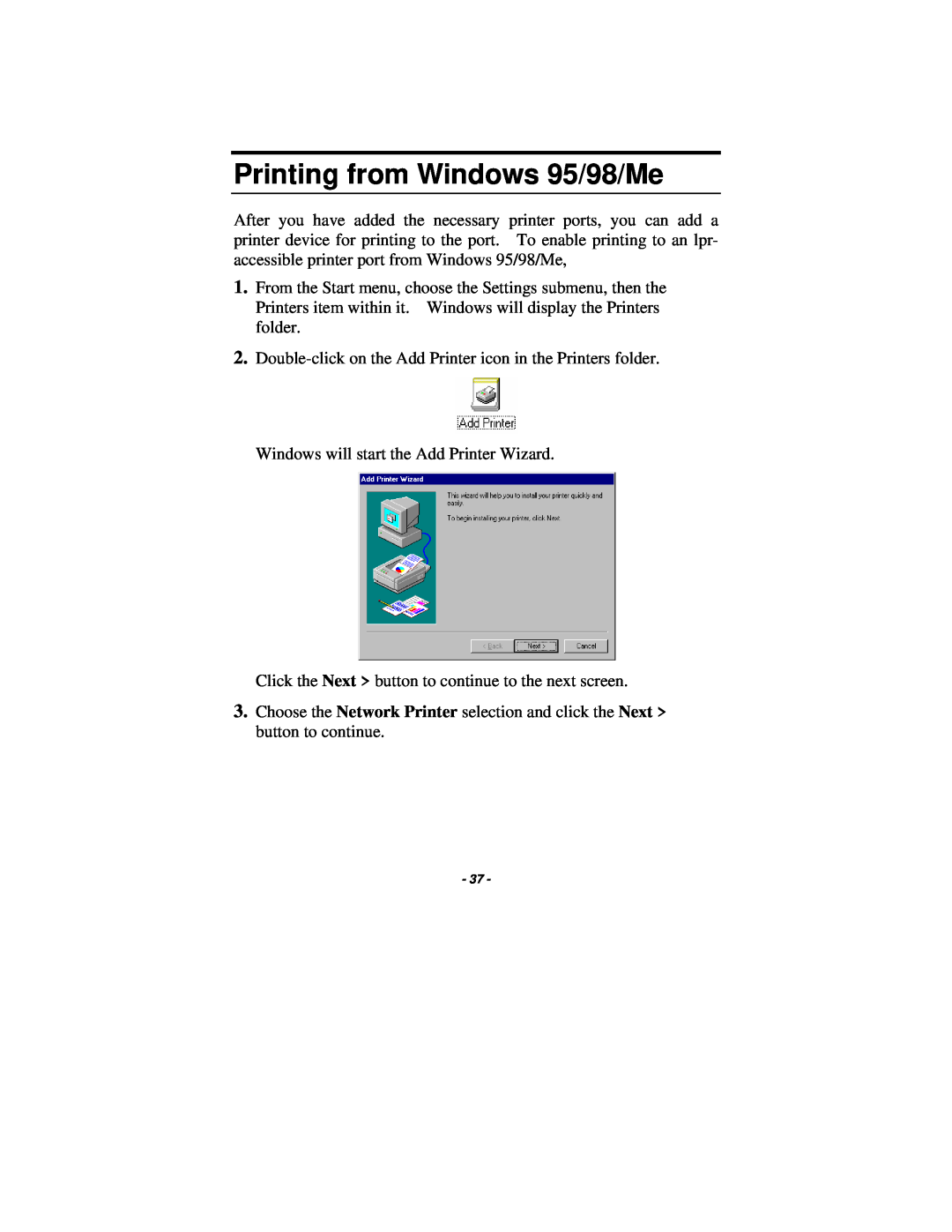 TRENDnet TE100-P1P manual Printing from Windows 95/98/Me 