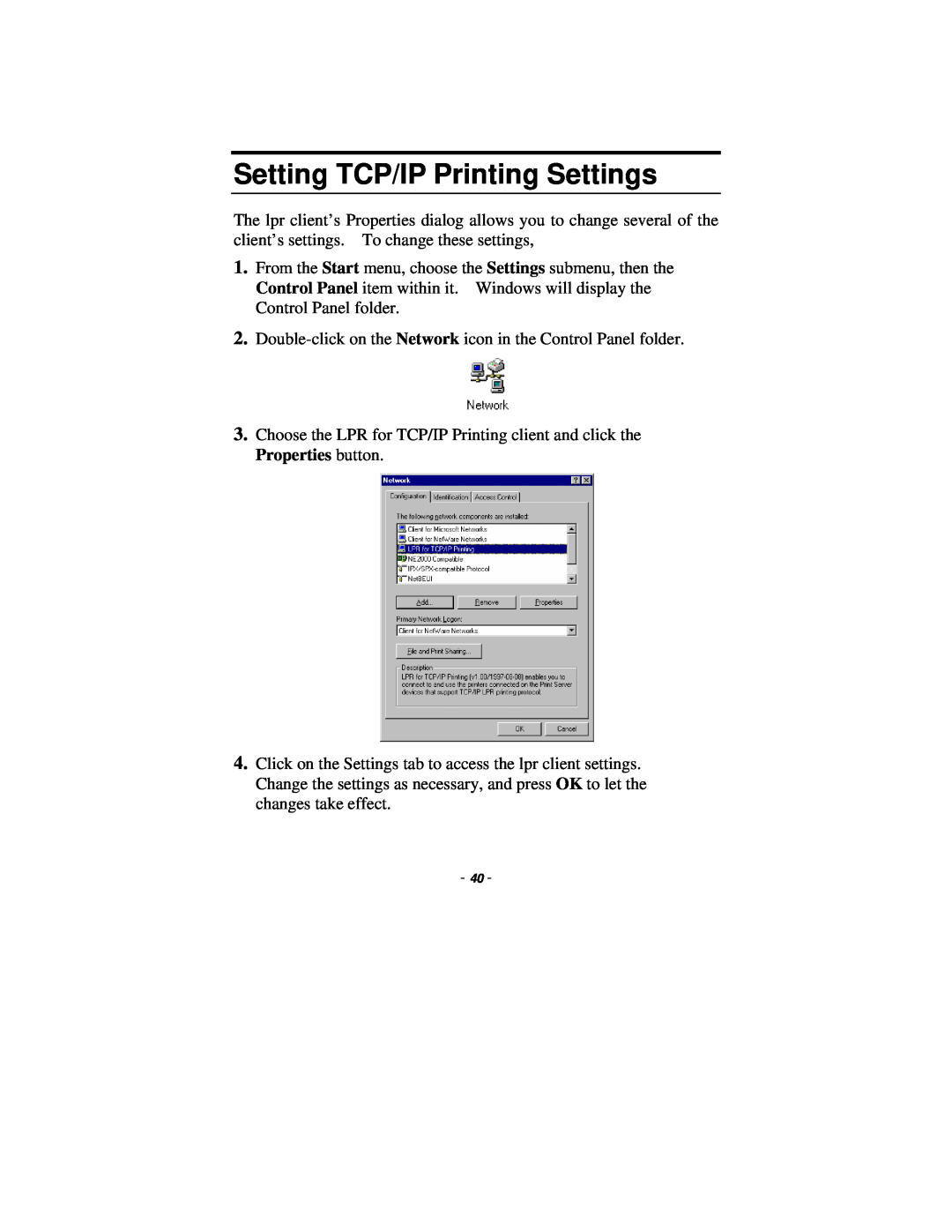 TRENDnet TE100-P1P manual Setting TCP/IP Printing Settings 