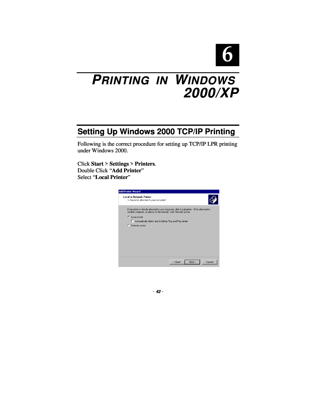 TRENDnet TE100-P1P 2000/XP, Printing In Windows, Setting Up Windows 2000 TCP/IP Printing, Click Start Settings Printers 