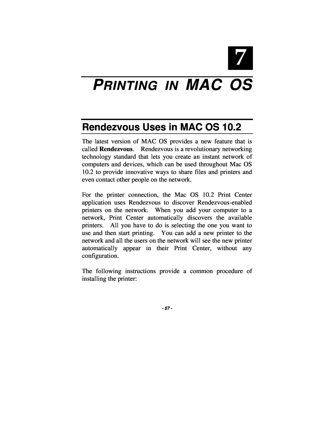 TRENDnet TE100-P1P manual Printing In Mac Os, Rendezvous Uses in MAC OS 