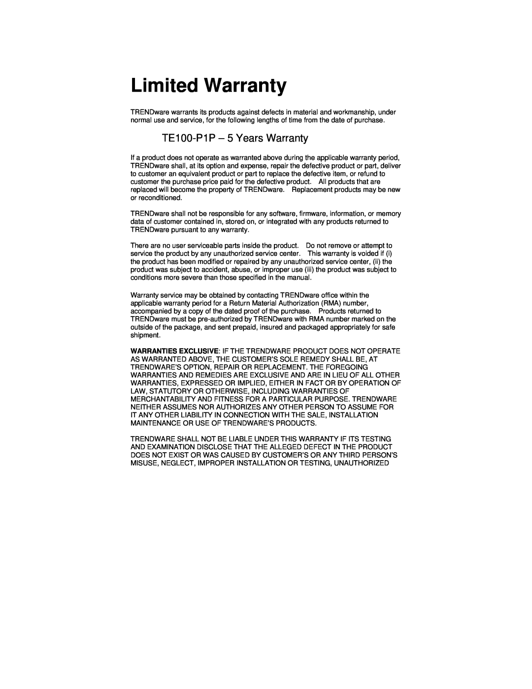 TRENDnet manual Limited Warranty, TE100-P1P - 5 Years Warranty 