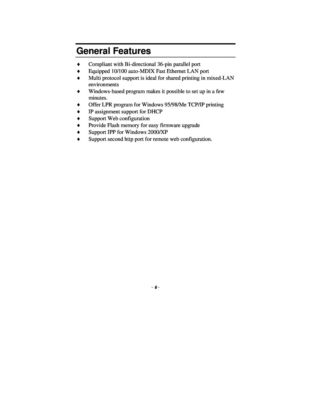 TRENDnet TE100-P1P manual General Features 