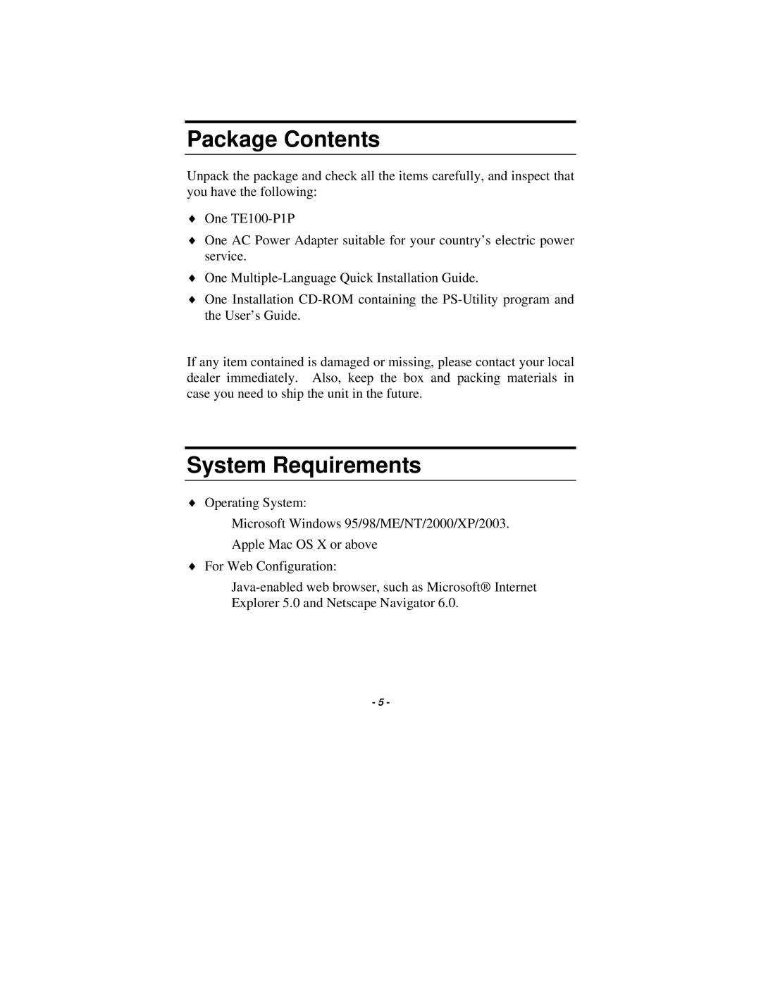 TRENDnet TE100-P1P manual Package Contents, System Requirements 