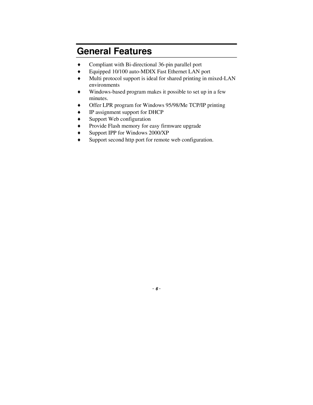 TRENDnet TE100-P1P manual General Features 