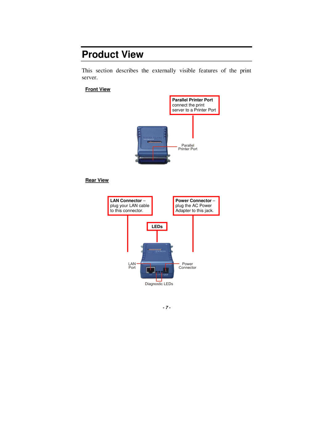 TRENDnet TE100-P1P manual Product View, Rear View 