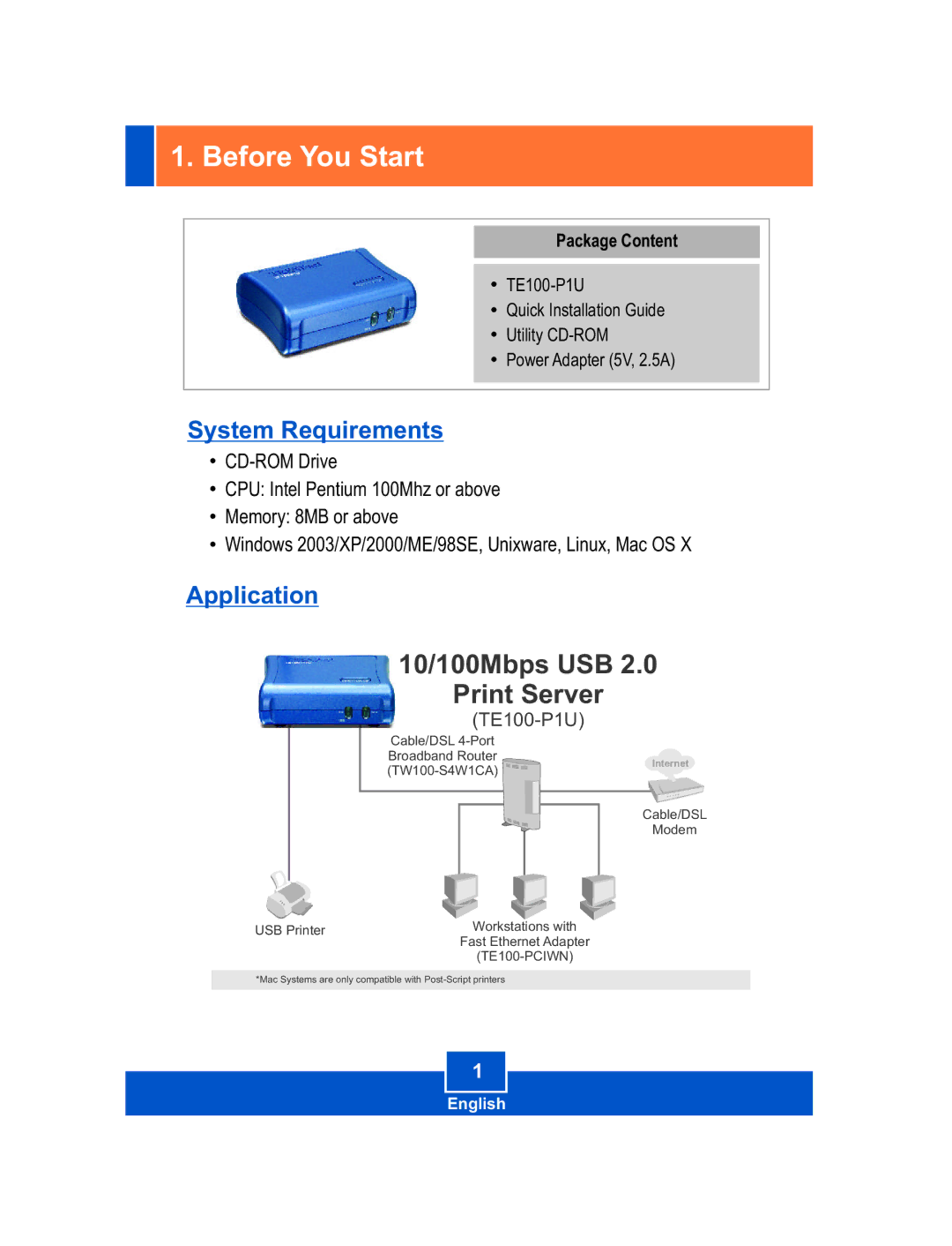 TRENDnet Print Server, TE100-P1U manual Before You Start, System Requirements, Application 