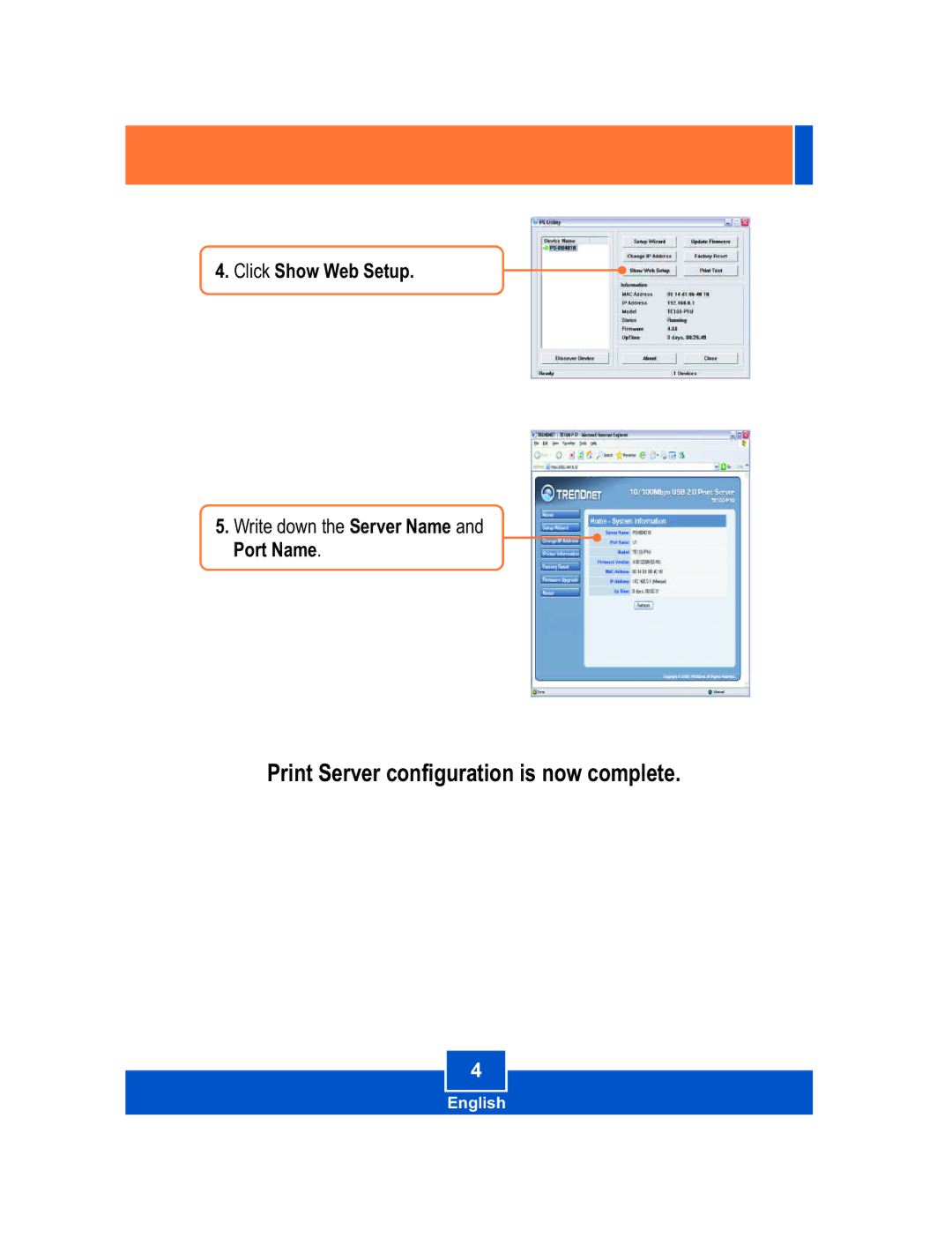 TRENDnet TE100-P1U manual Print Server configuration is now complete 