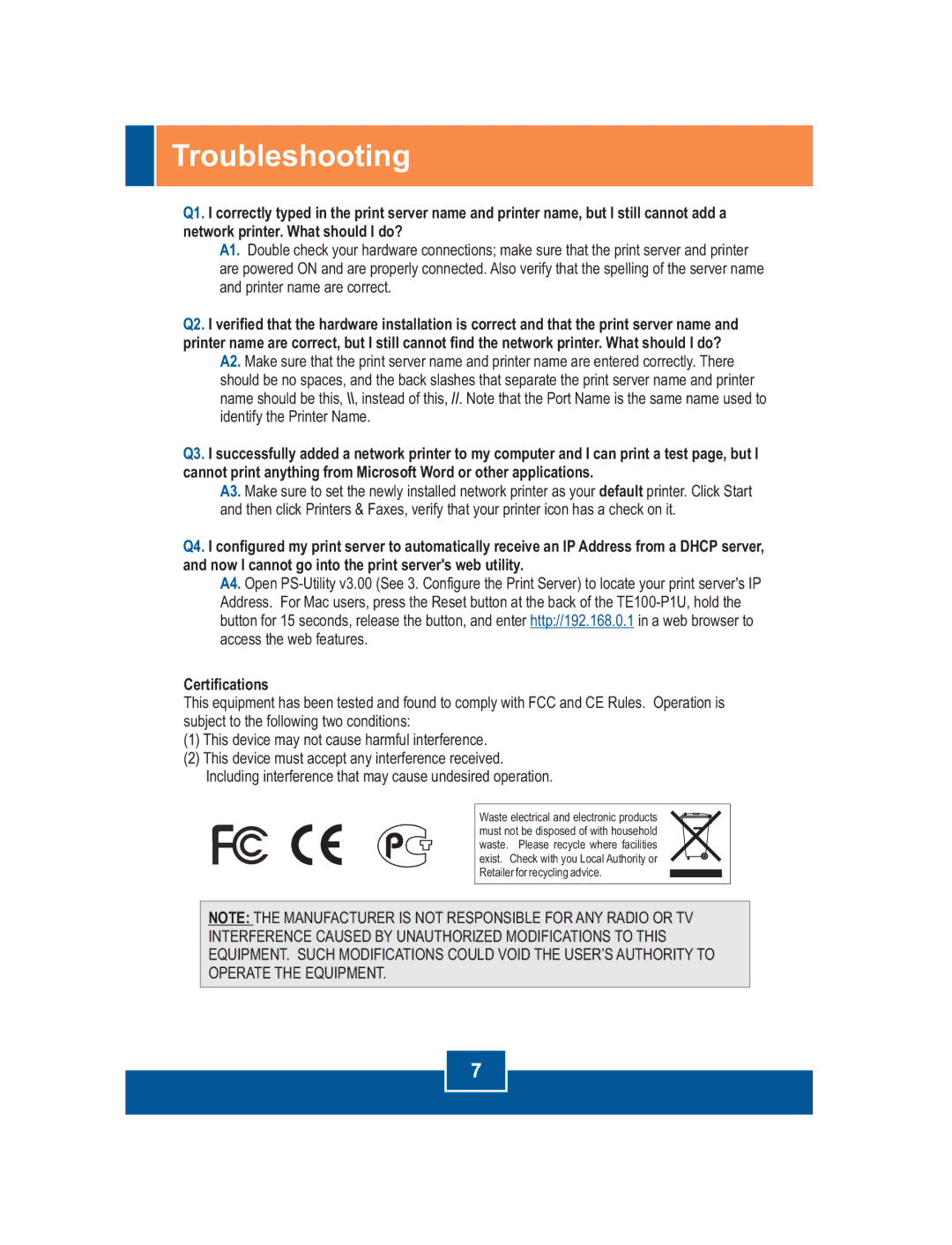 TRENDnet Print Server, TE100-P1U manual Troubleshooting 