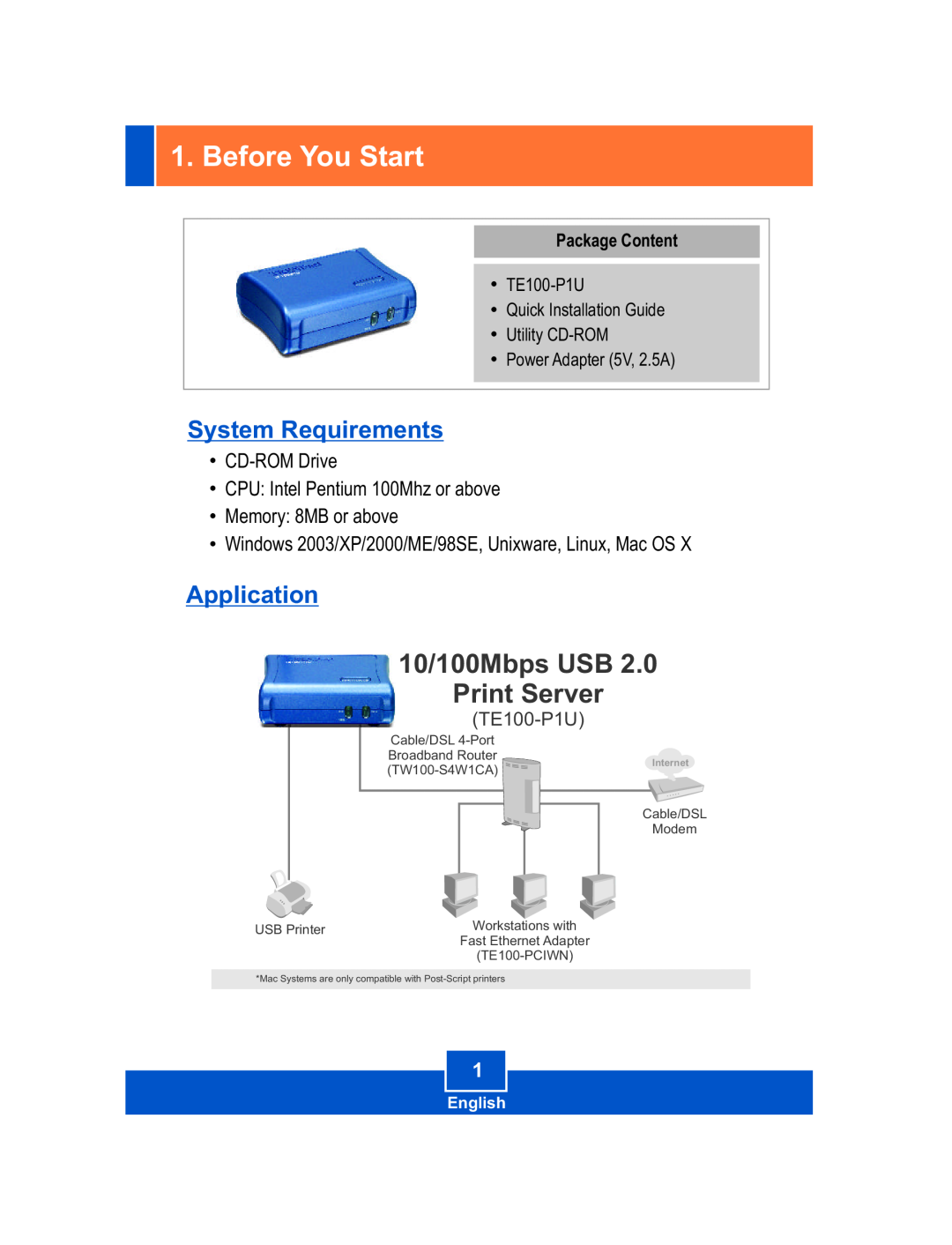 TRENDnet Before You Start, System Requirements, Application, English, 10/100Mbps USB Print Server, Package Content 