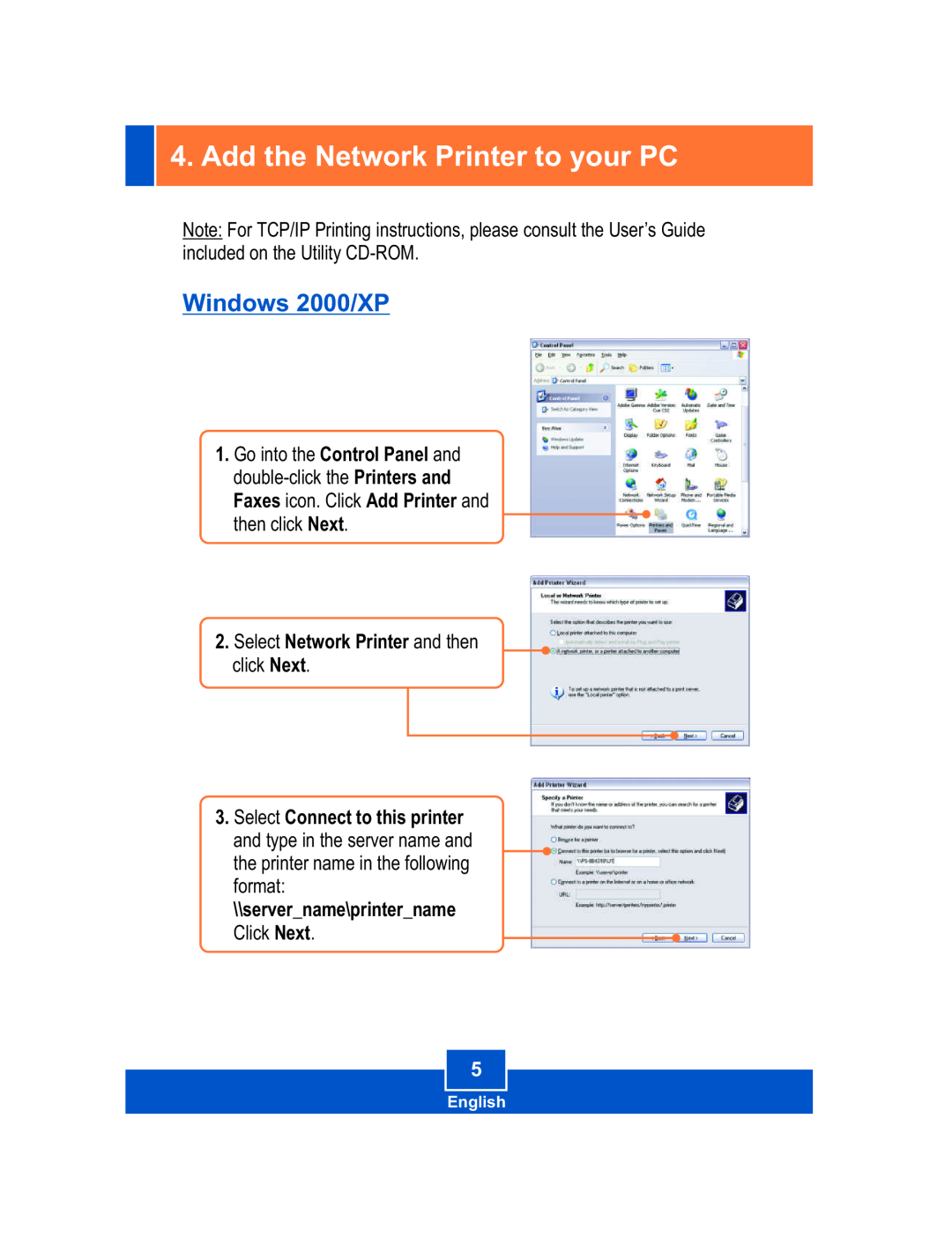 TRENDnet Print Server, TE100-P1U manual Add the Network Printer to your PC, Windows 2000/XP, servername\printername 