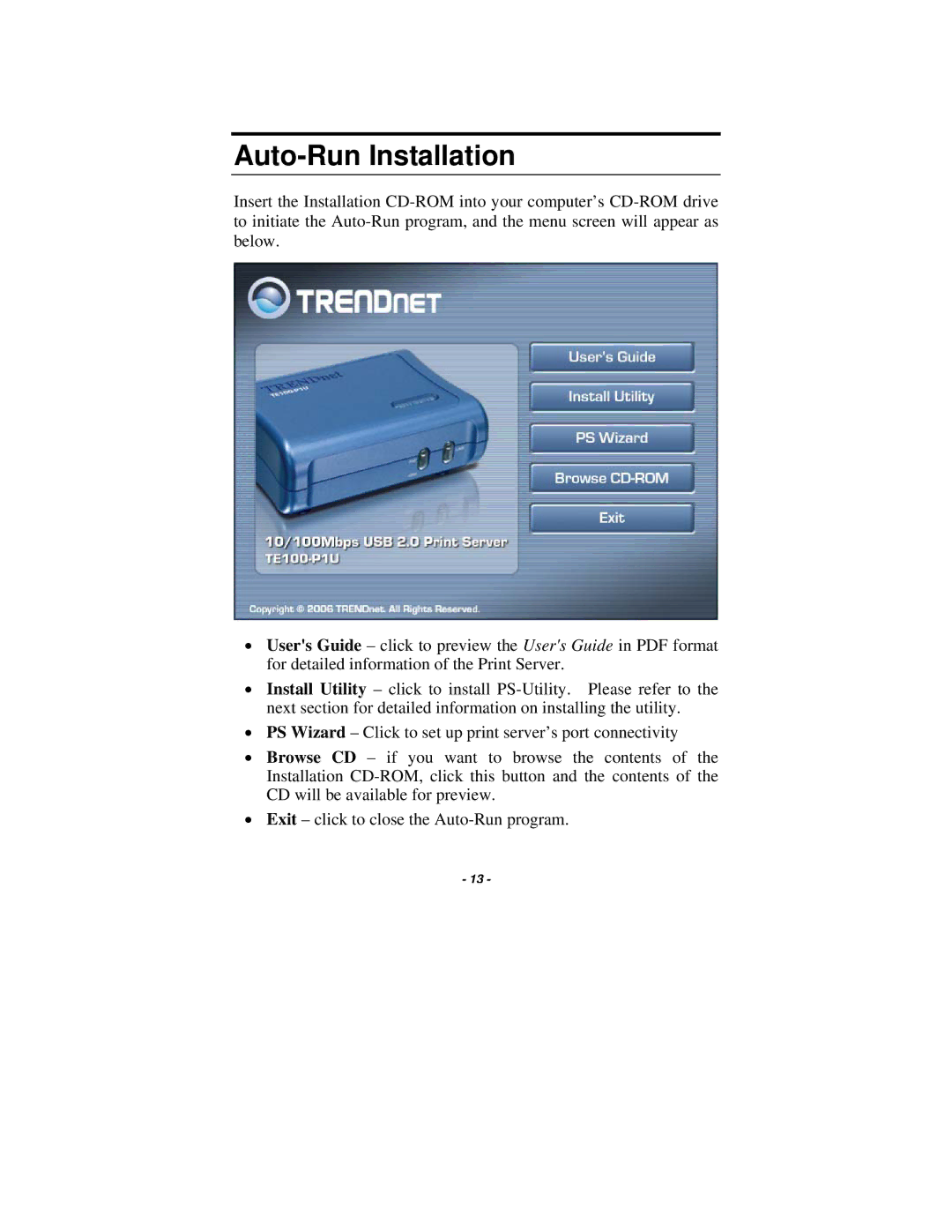 TRENDnet TE100-P1U manual Auto-Run Installation 