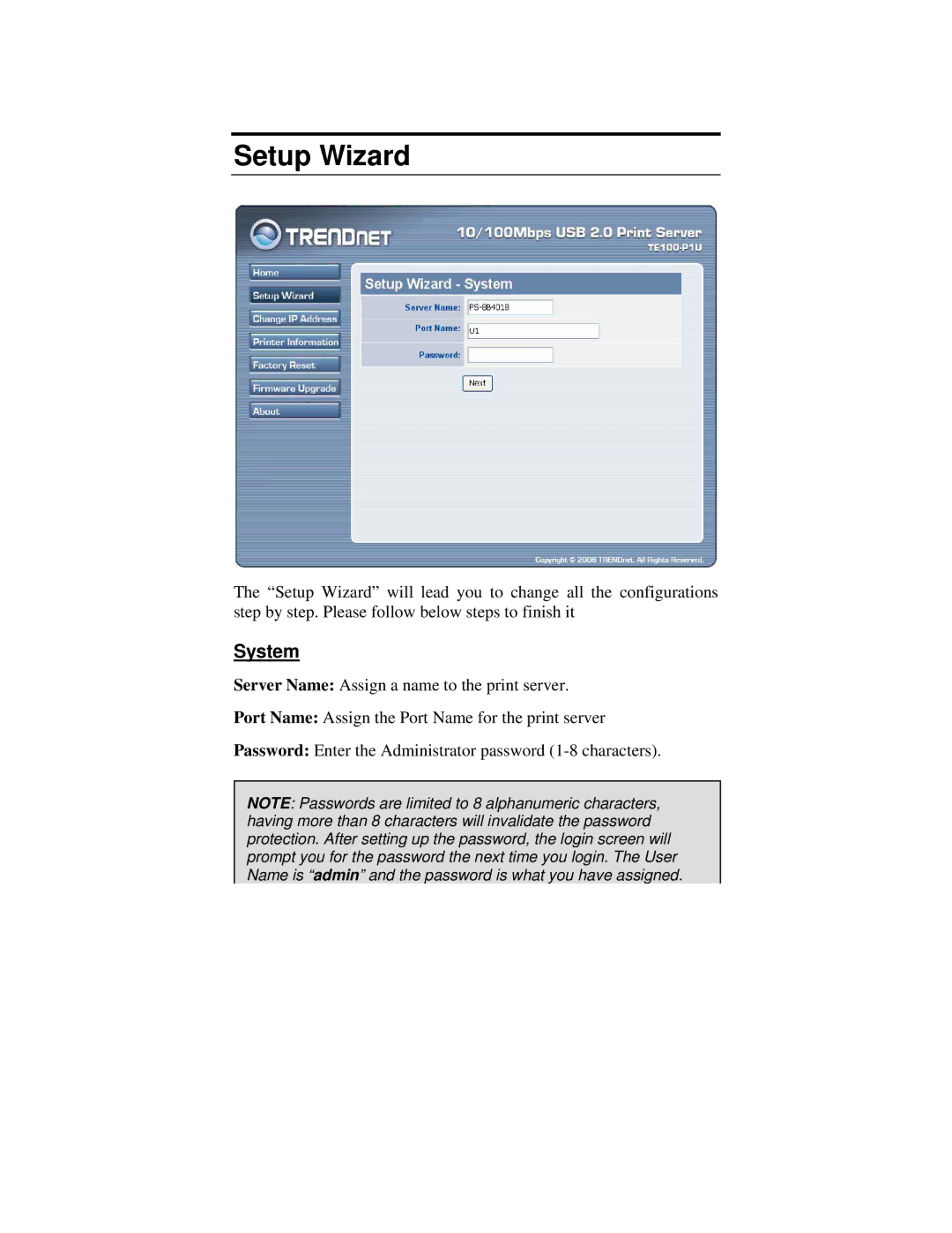 TRENDnet TE100-P1U manual Setup Wizard, System 
