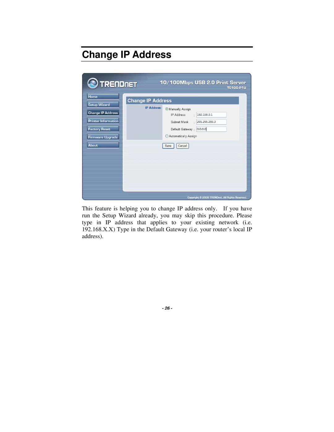 TRENDnet TE100-P1U manual Change IP Address 