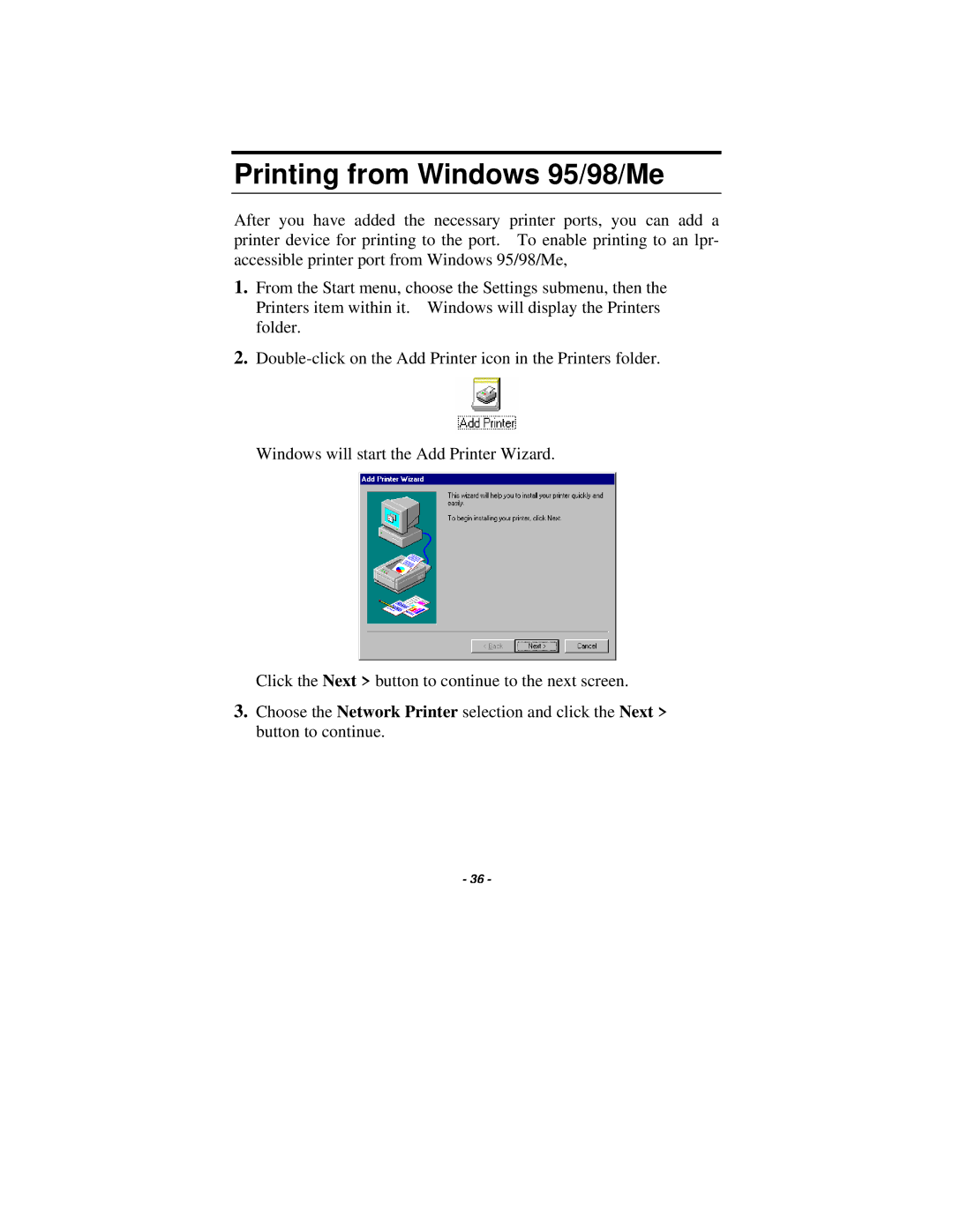 TRENDnet TE100-P1U manual Printing from Windows 95/98/Me 