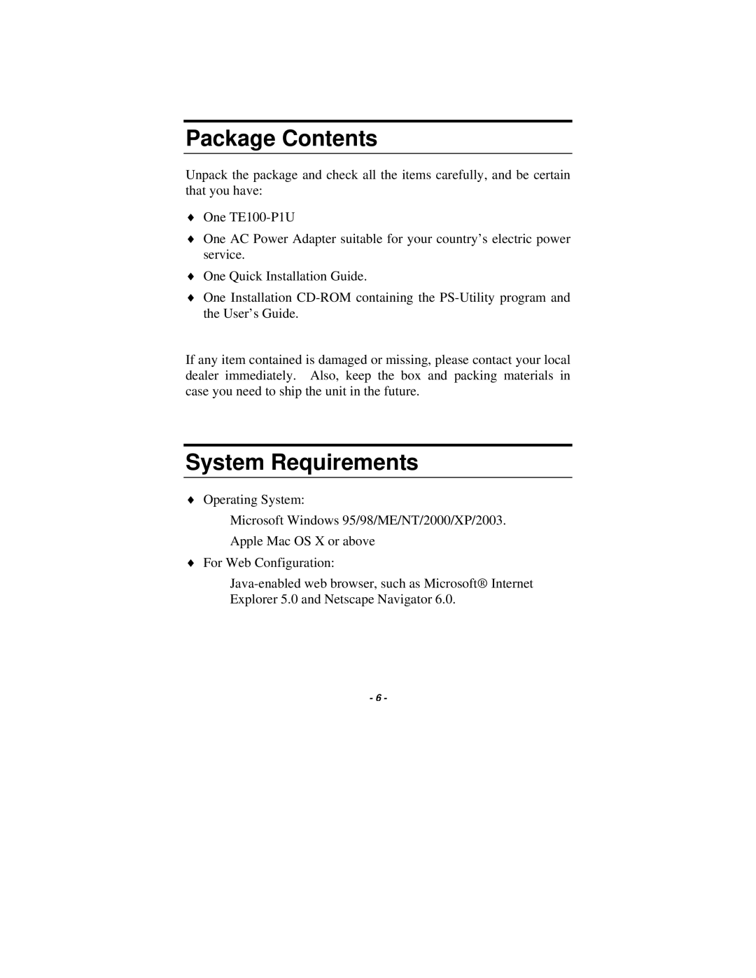 TRENDnet TE100-P1U manual Package Contents, System Requirements 