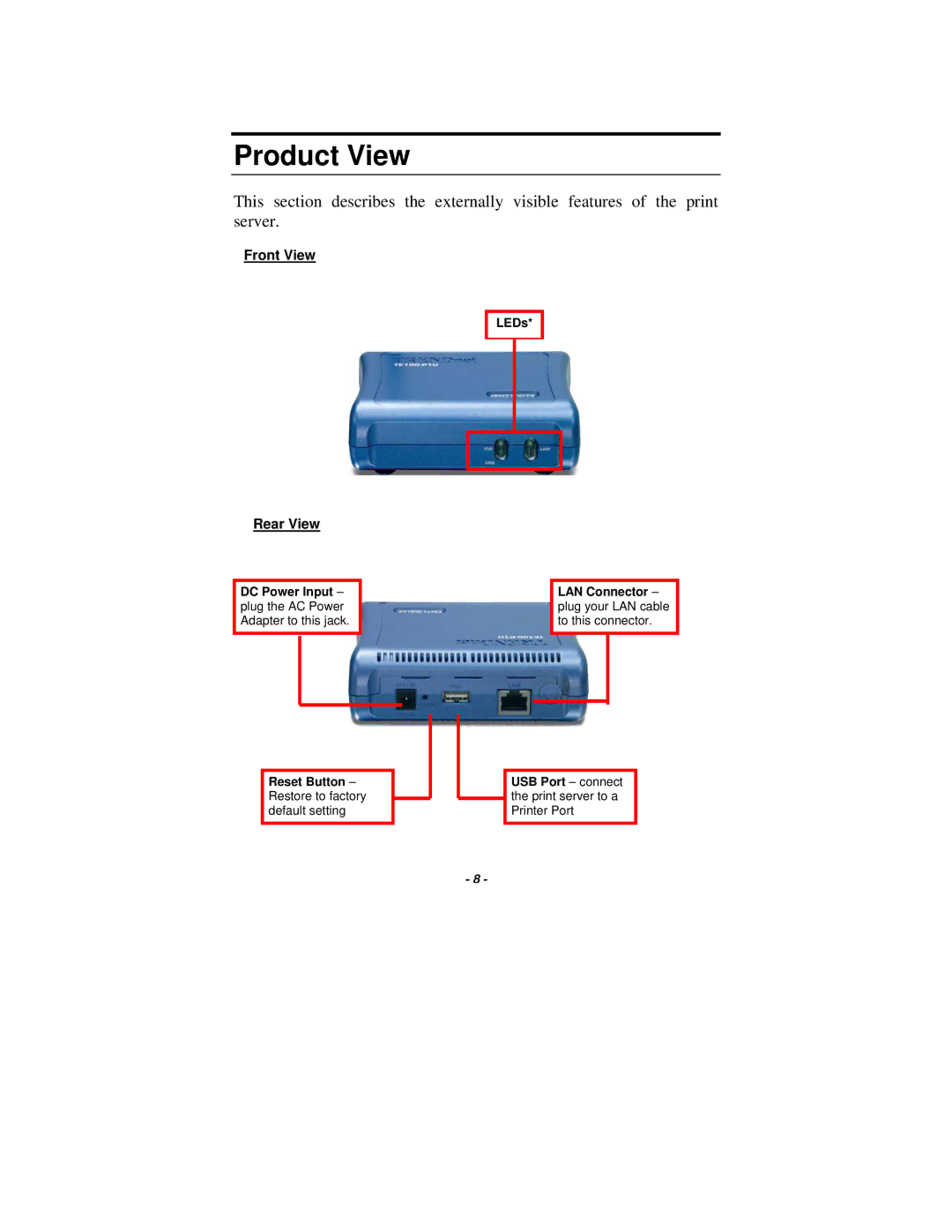 TRENDnet TE100-P1U manual Product View, Rear View 