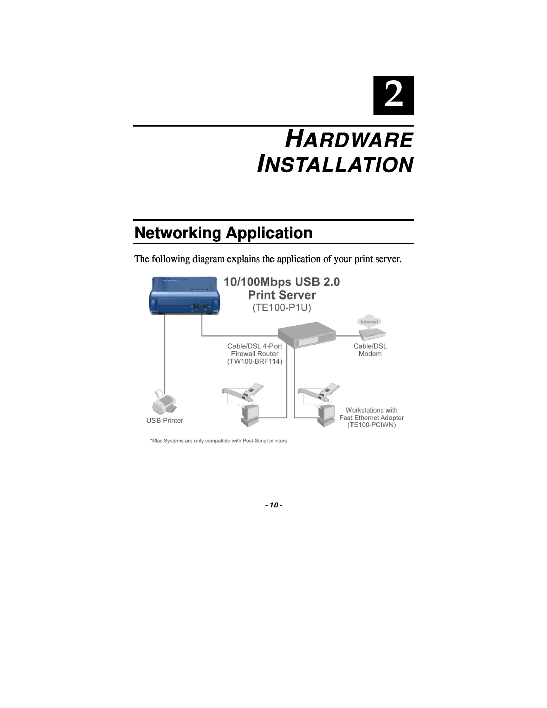 TRENDnet TE100-P1U manual Hardware Installation, Networking Application, Pocket-sized Print Server 