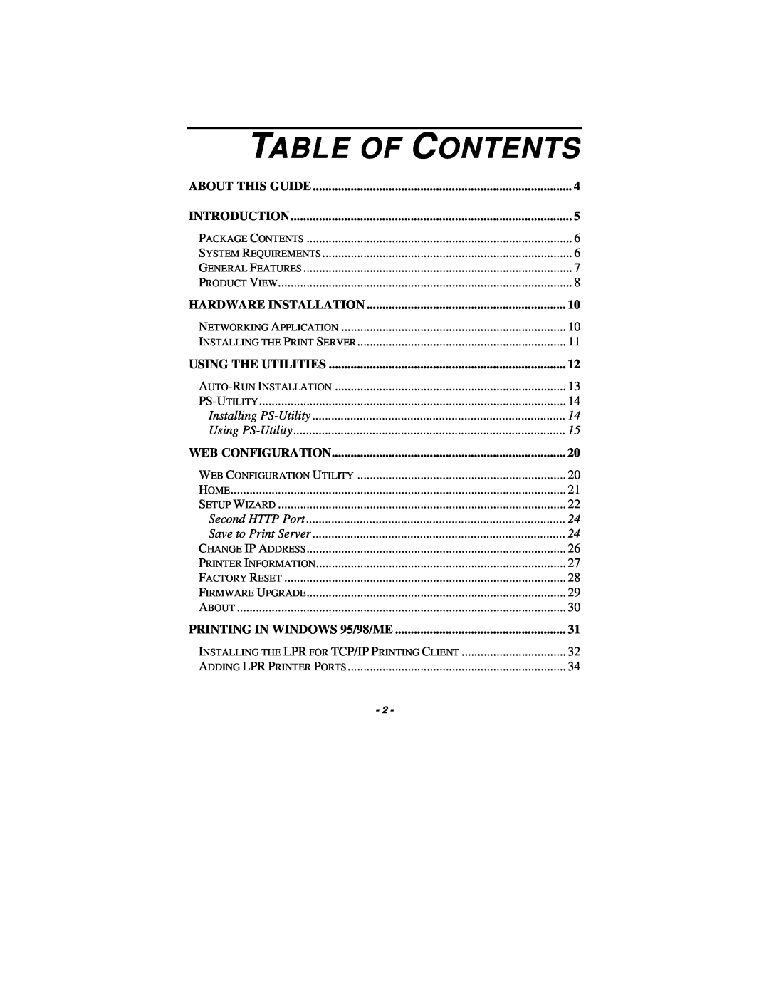 TRENDnet TE100-P1U manual Table Of Contents, About This Guide, Introduction, Hardware Installation, Using The Utilities 