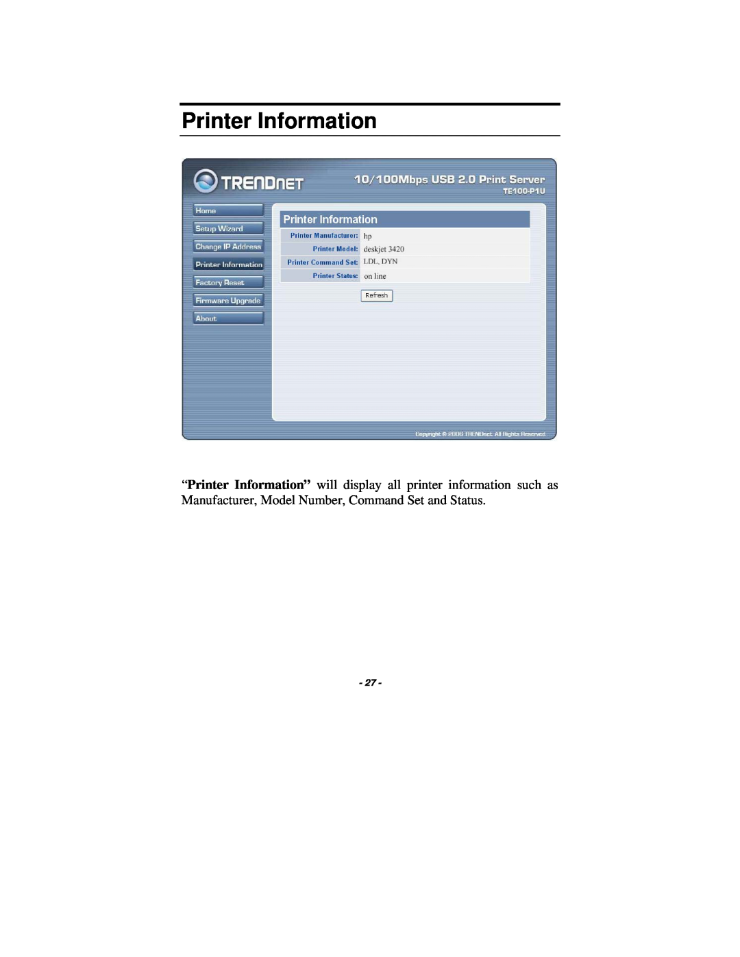 TRENDnet TE100-P1U manual Printer Information 