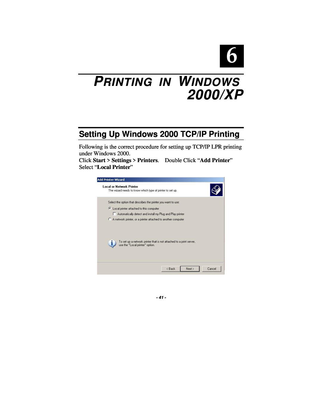 TRENDnet TE100-P1U manual Setting Up Windows 2000 TCP/IP Printing, 2000/XP, Printing In Windows 