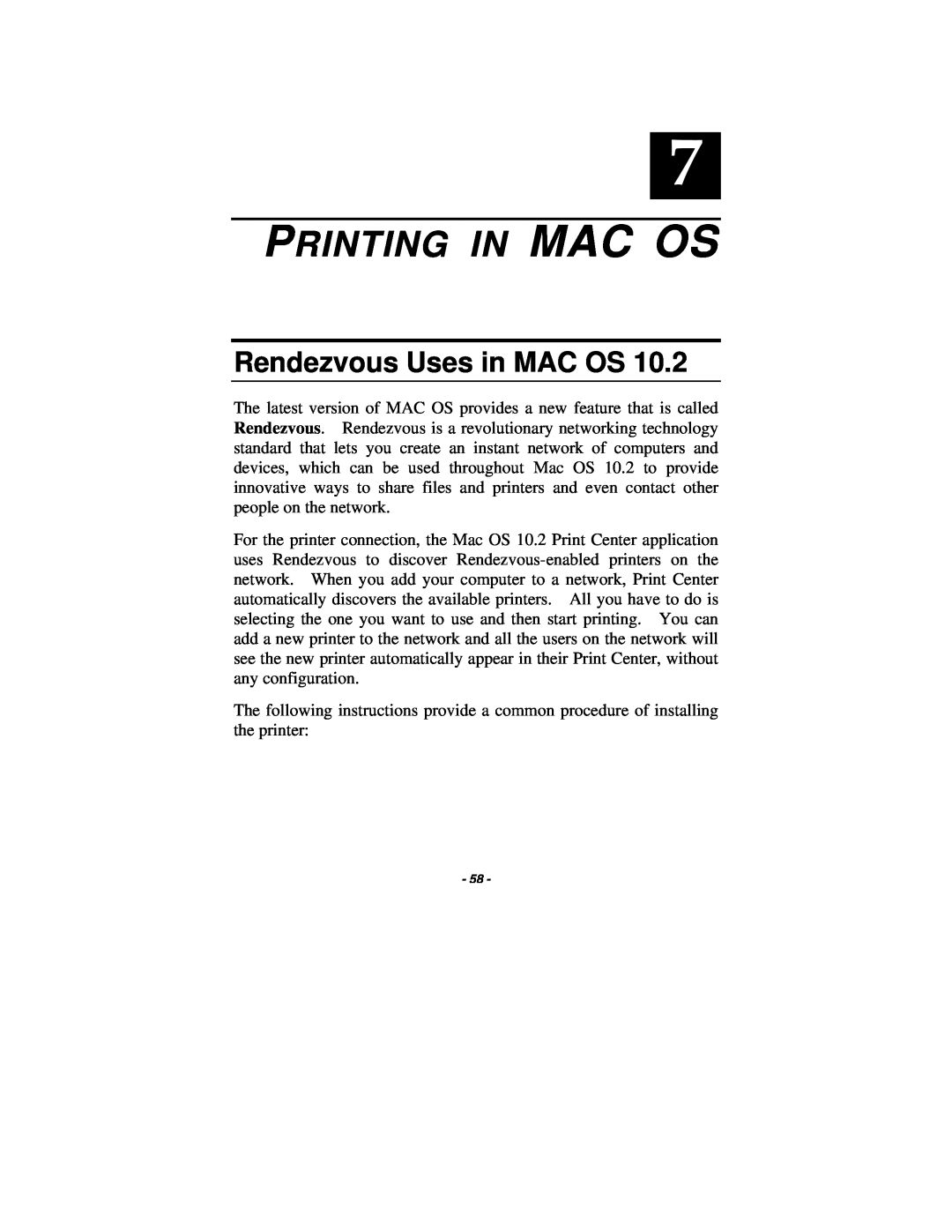 TRENDnet TE100-P1U manual Printing In Mac Os, Rendezvous Uses in MAC OS 