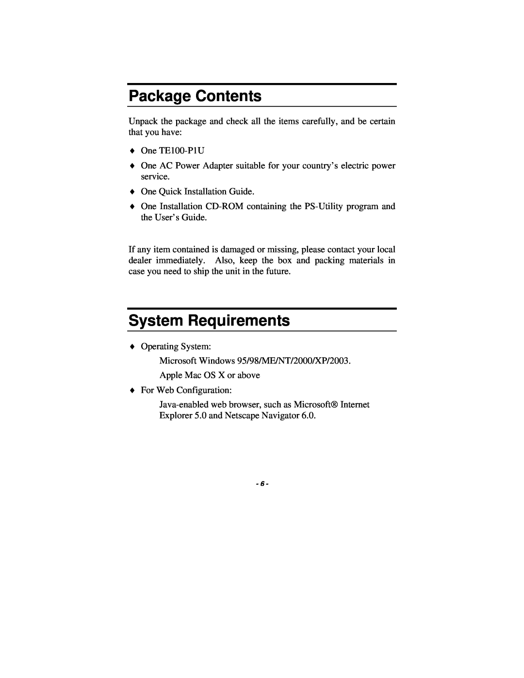 TRENDnet TE100-P1U manual Package Contents, System Requirements 