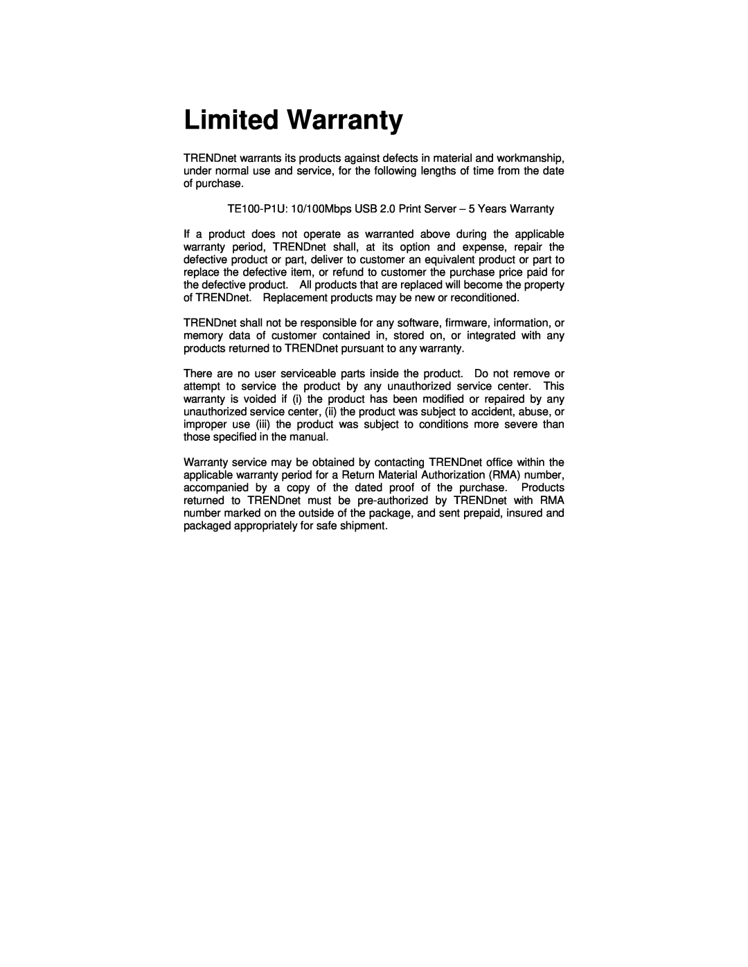 TRENDnet TE100-P1U manual Limited Warranty 