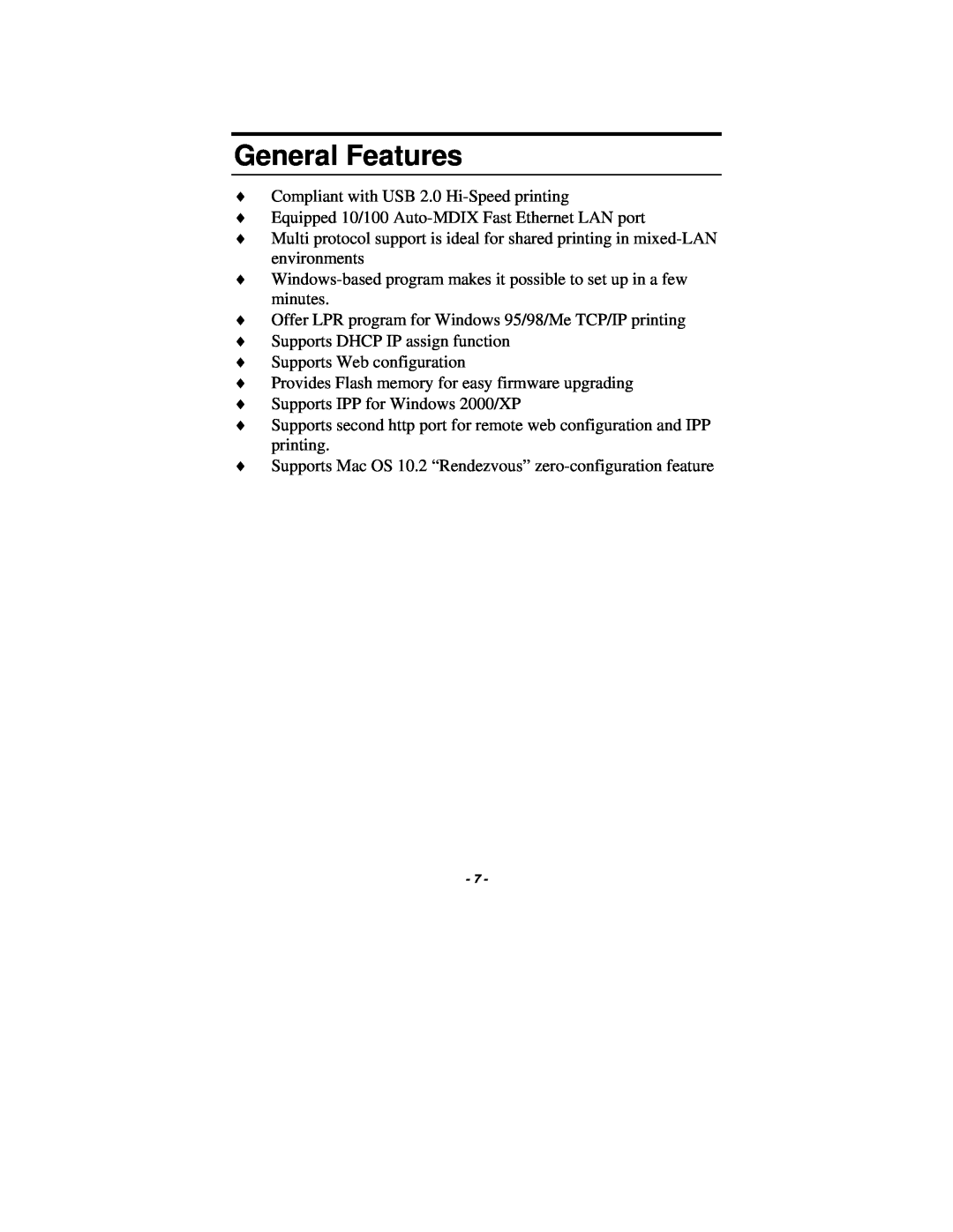 TRENDnet TE100-P1U manual General Features 