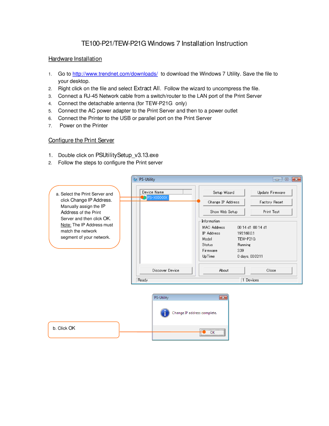 TRENDnet manual TE100-P21/TEW-P21G Windows 7 Installation Instruction, Hardware Installation 