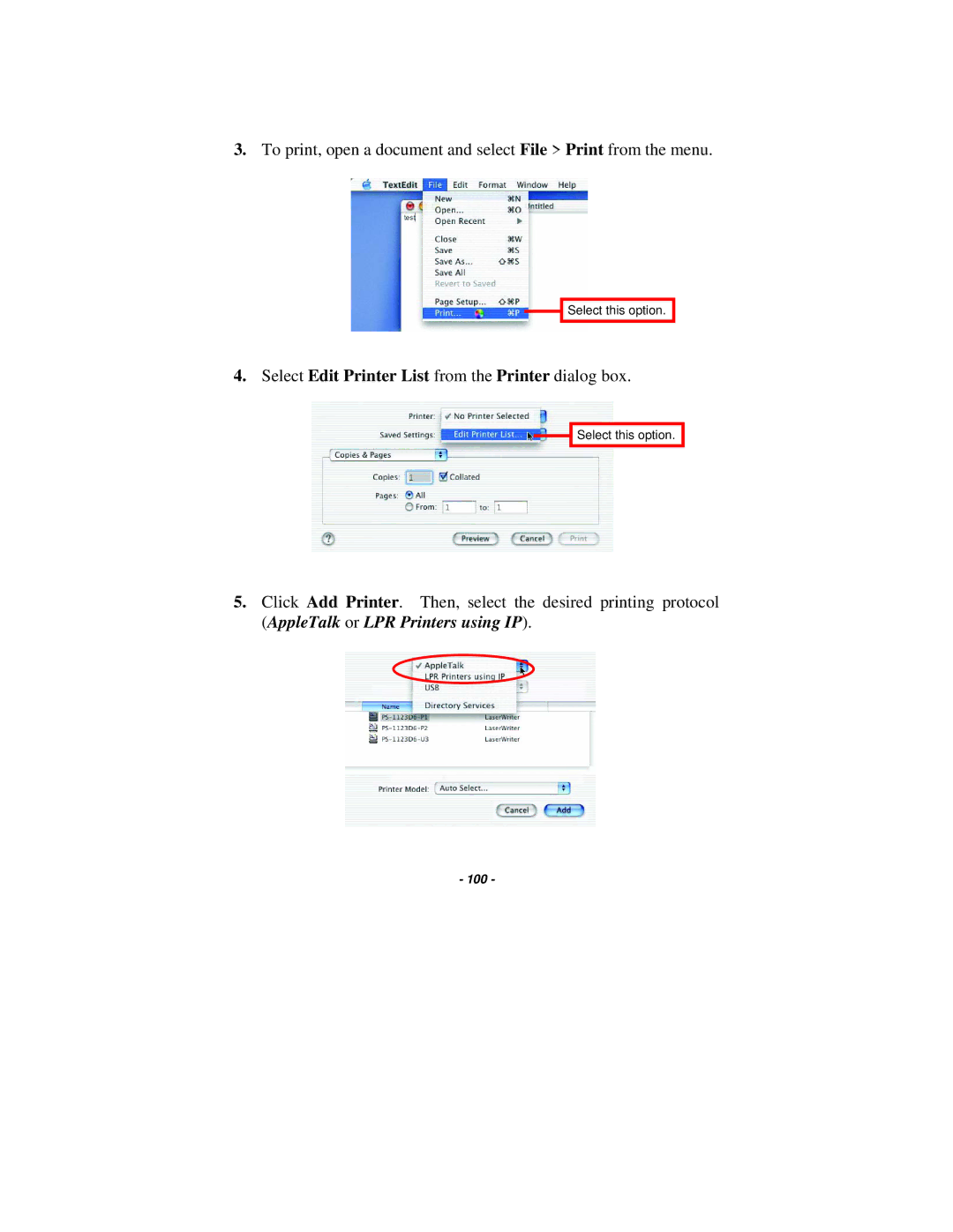 TRENDnet TE100-P21 manual Select Edit Printer List from the Printer dialog box 