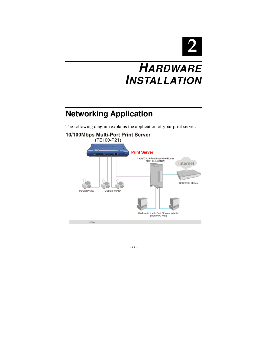 TRENDnet TE100-P21 manual Hardware Installation, Networking Application 